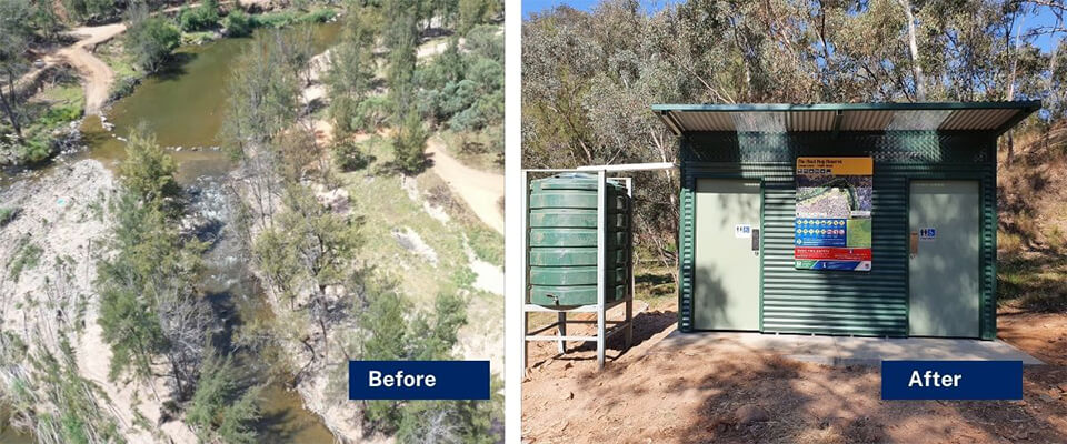 Before after image of the Root Hog Toilets at Bridle Track.