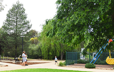 Family at park using playground equipment