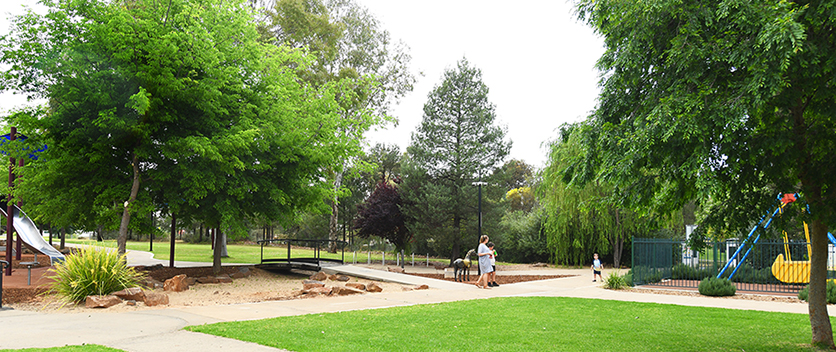 Family using playground in park