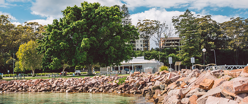 Shoreline and parklands outside Dolphin Watch Café, Nelsons Bay NSW