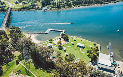 Waterfront with bridge over river