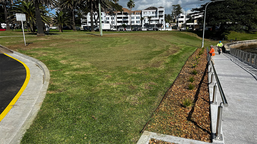 Cyclist next to park along Kiama's new seawall