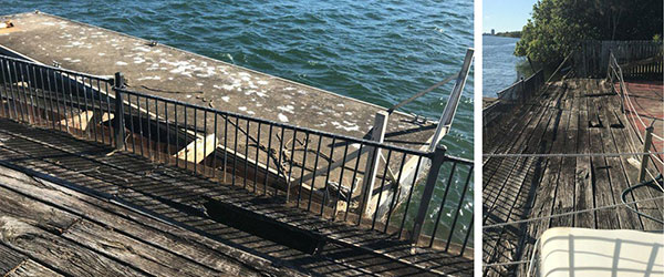 Dilapidated timber jetty, floating pontoon