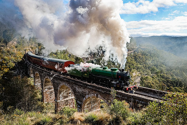 The Zig Zag Railway cross a viaduct in the Blue Mountains