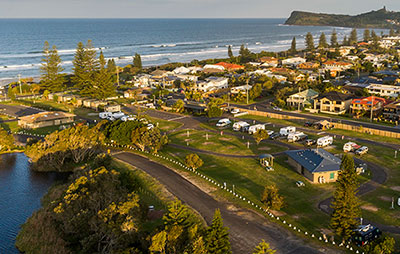 Aerial view of Lake Ainsworth caravan park, Lennox Head