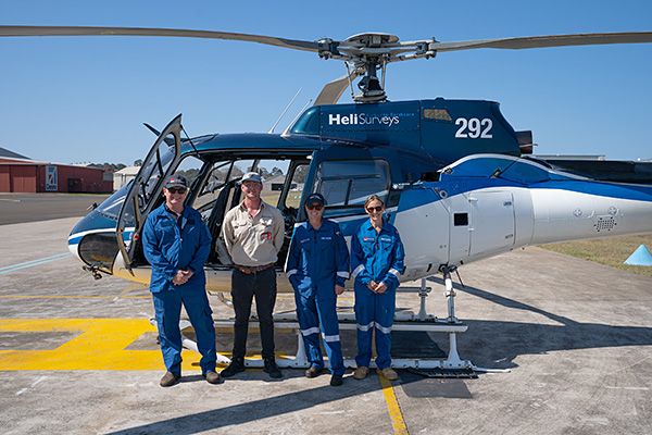 Helisurveys pilot Calum Harrison with Crown Lands' crew members Robbie Hurst, Jaimee Vlastuin and Jenni Playdon.