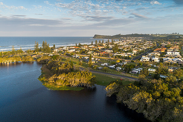 Aerial view of Reflections Lennox Head Holiday Park.