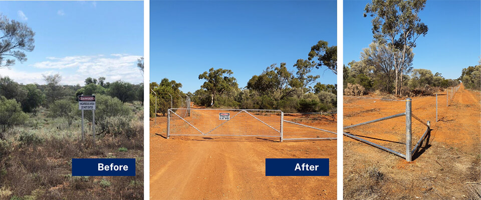 Before and after view of fencing at Kaloogleguy Reserve.
