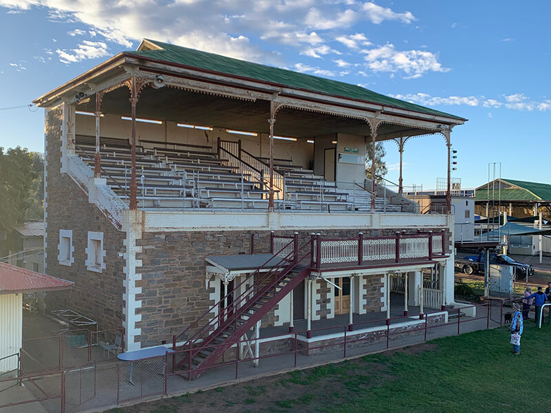 Broken Hill Racecourse grandstand showing verandah resurfacing and scales room doors