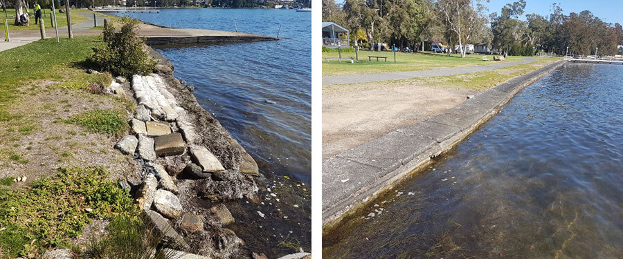 Mannering Park seawall - before image on the left and upgraded image on the right