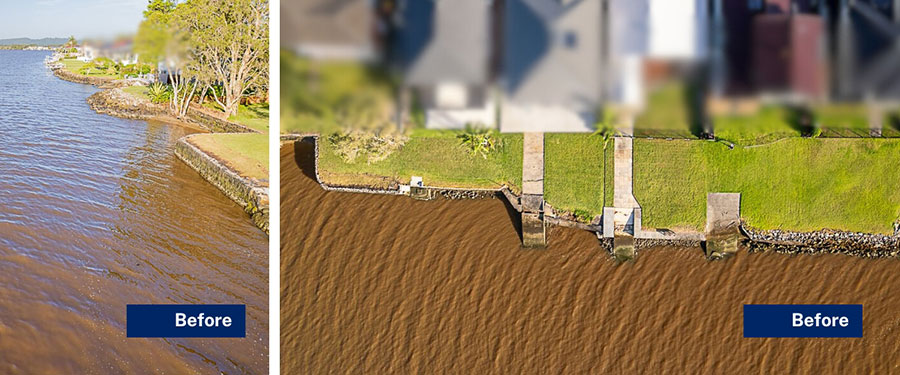 Aerial view of before and after images of upgrading retaining wall to houses on Richmond River