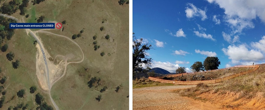 1st image - aerial view of Wee Jasper identifying Dip Caves main entrance and 2nd image ground view of barrier to main entrance