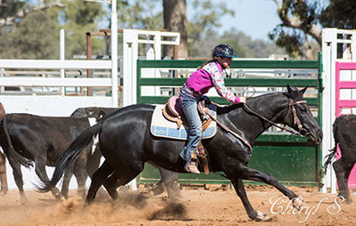Girl riding horse in Euabalong gymkhana with cattle trailing behind her