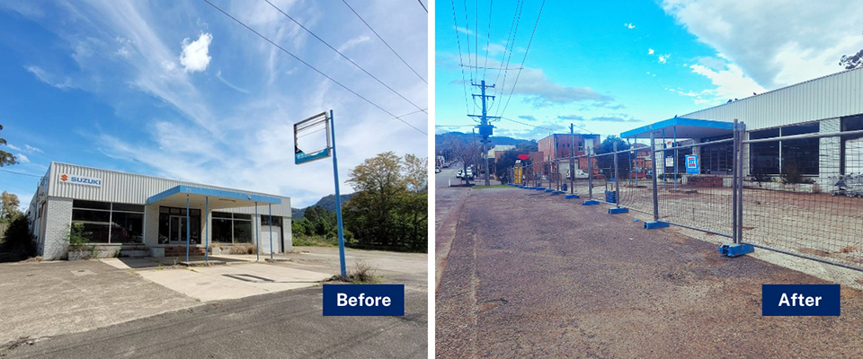 An image collage showing a building on Denison Street before and after a clean-up.
