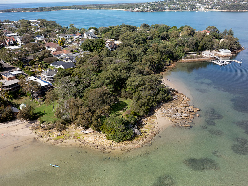 Aerial view of Hungry Point Reserve bushland and water at Cronulla