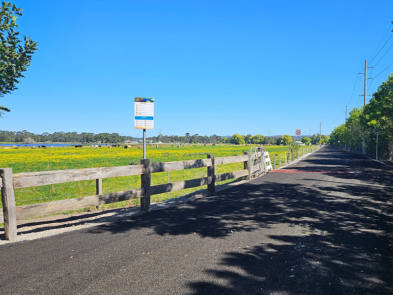 A new asphalt road for Pioneer Dairy reserve. The road is fenced on both sides, there is a large grass area with a body of water behind it in the background.