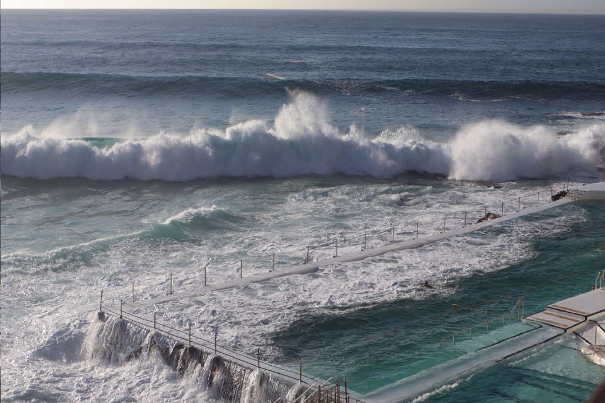 Aerial view of rock pool with ocean waves