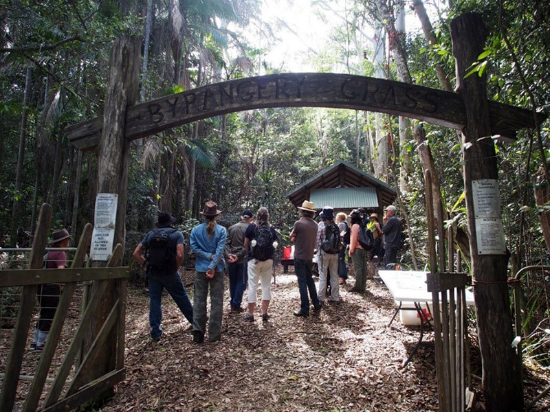 Group of people standing at entrance to Byrangery Grass Reserve bushland