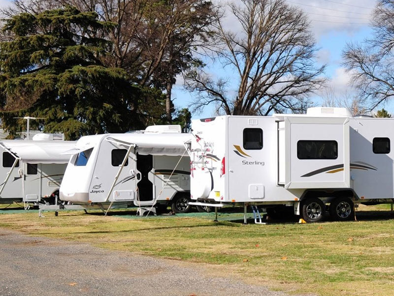 Several caravans parked in camp ground.