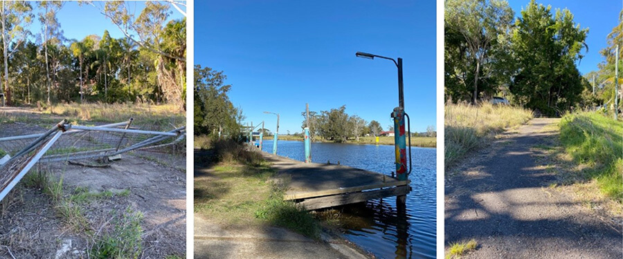 A collage of three images. On the left, a broken fence on a dirt road. In the middle, a wooden jetty on a river. On the right, a gravel road with tall grass on either side.