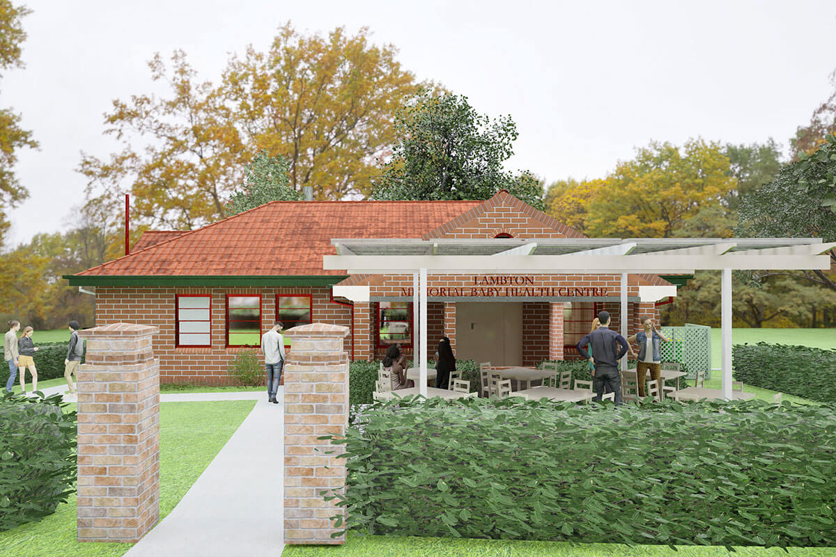 Artist impression of entrance to renovated cafe in park with outdoor seating