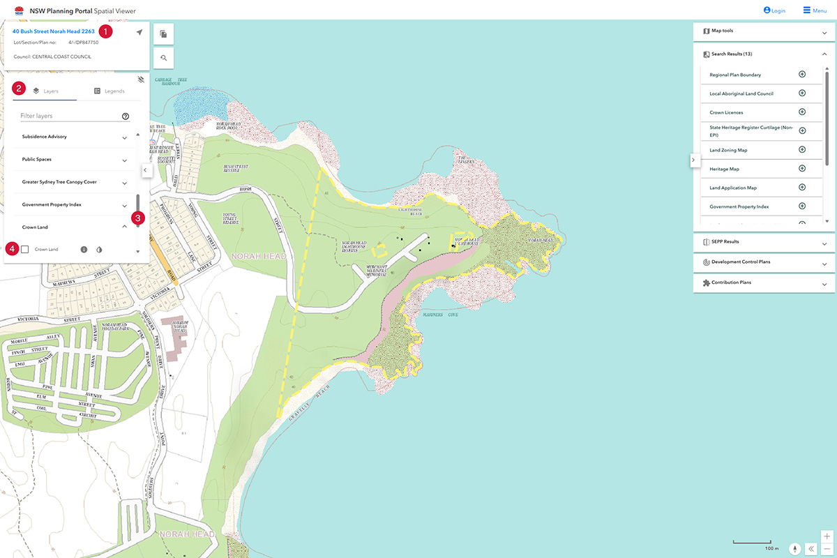NSW Planning Portal Spatial Viewer screenshot of how to identify Crown land