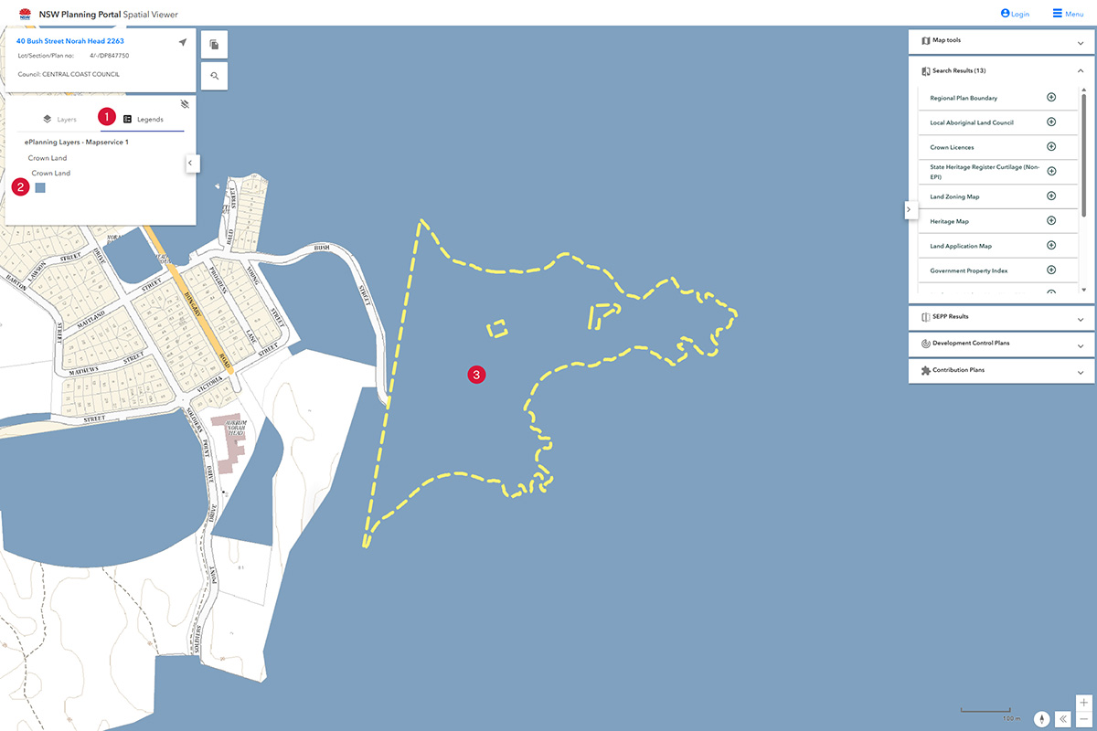 NSW Planning Portal Spatial Viewer screenshot of how to identify Crown land