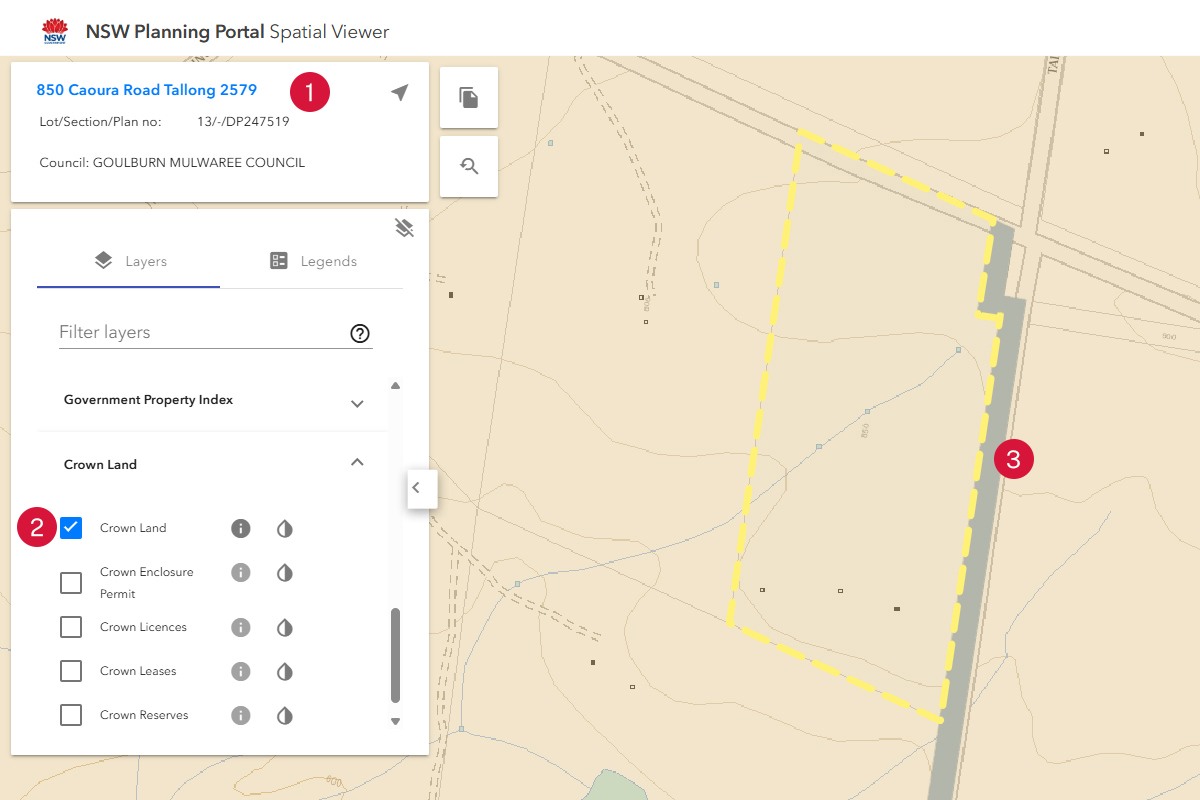 NSW Planning Portal Spatial Viewer screenshot of how to identify Crown roads