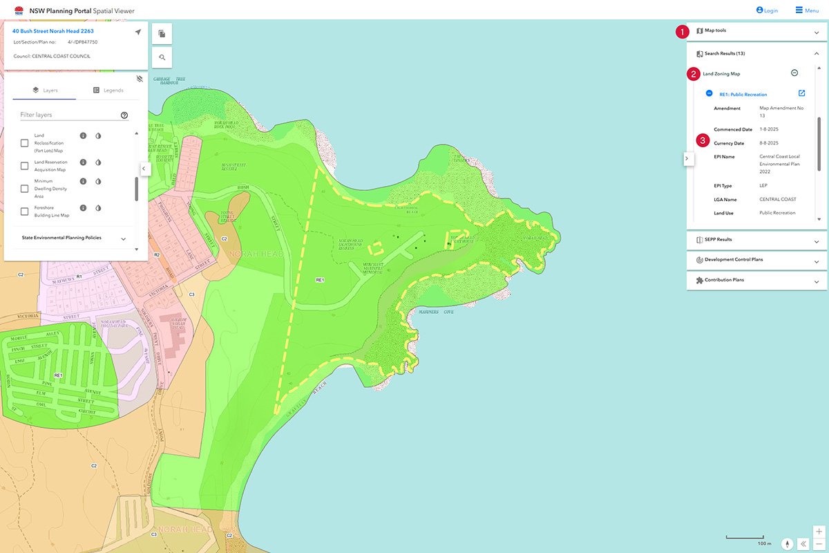 NSW Planning Portal Spatial Viewer screenshot of how to identify Local Environment Plans