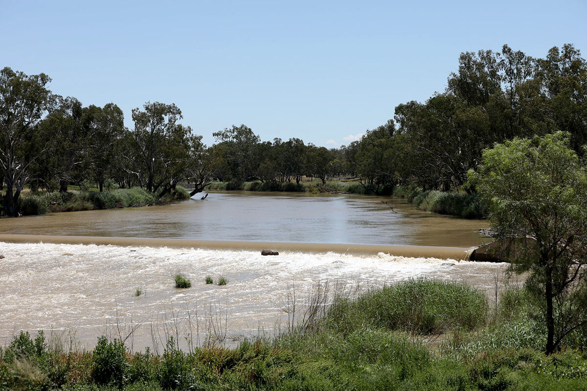 Water flows over Brewarrina fish traps, Brewarrina NSW. Credit: NSW Department of Planning, Housing and Infrastructure / Kylie Fisher