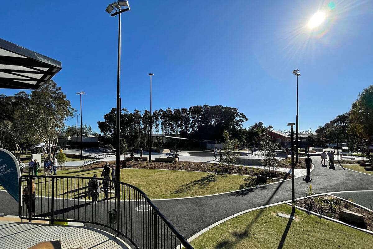 Jarjumirr Park recreation space, skatepark, Byron Youth Service and library at Sandhills Estate, Byron Bay NSW.