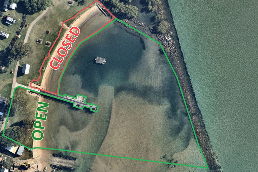 Aerial view map of Urunga Lido with outlines of the current access restrictions.