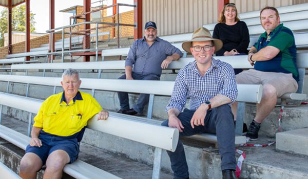 Funding to breathe new life into the Moree Racecourse grandstand (left to right): Moree Race Club President Rob Mather, committee member Michael Davison, Northern Tablelands MP Adam Marshall, NSW Crown Lands Senior Property Management Officer Michelle Chittendon, and Vice President Jason Auld. Funding to breathe new life into the Moree Racecourse grandstand (left to right): Moree Race Club President Rob Mather, committee member Michael Davison, Northern Tablelands MP Adam Marshall, NSW Crown Lands Senior Property Management Officer Michelle Chittendon, and Vice President Jason Auld.