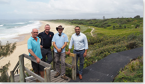 Red Rock Preservation Association's Les Windsor, Reflections' Allan Thomas,  Red Rock Holiday Park Manager Geoff Wruck, and Coffs Harbour MP Gurmesh Singh